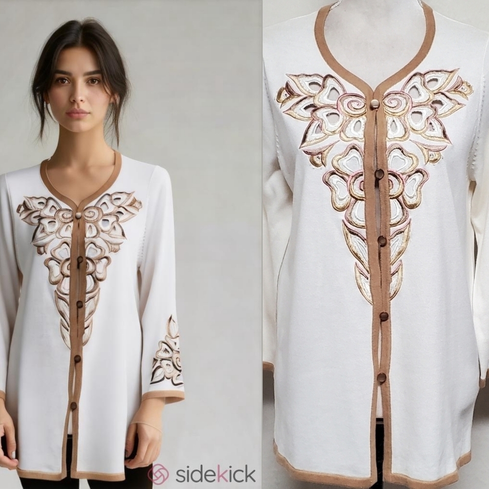 Bob Mackie Wearable Art Vintage Gold Pink Magnolia Floral Embroidered Cardigan S
